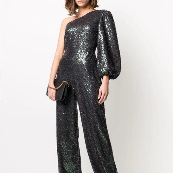 SALONI Lily One-Shoulder Sequin Jumpsuit Flared Pants Set Size Medium Party - Picture 1 of 11